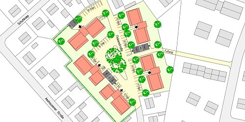Auf ihrer Homepage hat die KWG schon einen aktuellen Plan veröffentlicht, wie das Wohnquartier Finkenstraße künftig aussehen könnte. Unter anderem ist die Anzahl der Parkplätze deutlich erhöht worden. Grafik: KWG - © KWG