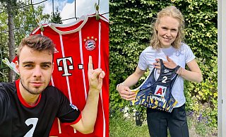 Tobias Barrelmeyer (v.l.), Anna Rosenthal und Camilla Schrijvers zeigen ihre Lieblingstrikots. Hinter jedem Kleidungsstück steckt eine besondere Geschichte. - Tobias Barrelmeyer, Anna Rosenthal, Camilla Schrijvers