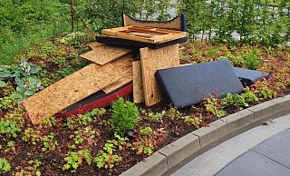 Schwere OSB-Platten drückten die frisch angepflanzten Blumen nieder. Vielleicht muss nachgepflanzt werden. - Stadt Werther