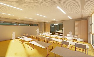 Intensiv wurde über die Klassenräume diskutiert. Stand jetzt würden die Oberlichter bleiben und ein Fensterelement verschwinden. Doch das dürfte noch gekippt werden. In jedem Fall wird es sichtbare Lüftungselemente an der Decke geben. - BKS Architekten