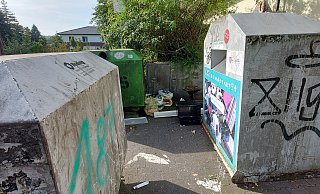 Eine Mikrowelle und eine Leuchtröhre liegen auf dem Bild zwischen den Containern auf dem Edeka-Parkplatz. Es gibt manchmal auch noch drastischere Szenarien hier. Damit ist bald Schluss. - Claus Meyer