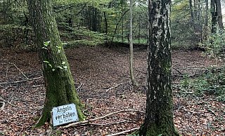 Wenn es nicht so traurig wäre. Das Schild am Quellteich des Violenbachs in Borgholzhausen hat seine Funktion verloren. - Heiko Kaiser