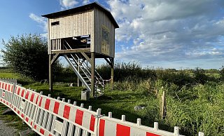 Der Aussichtsturm im Versmolder Bruch ist seit dem Brandmorgen gesperrt. - Tasja Klusmeyer