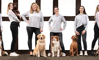 Beim Haller Pferdesport-Profi-Team sind auch Hunde willkommen: Pia Ossenkopp mit Nala (v. l.), Nina Behle mit Frieda, Chefin Nicole Neumann mit Luna, Kim Staniewski mit Cooper, Alea Molske mit Ruby sowie Vanessa Melle und Christian Schuster mit Monte. - Pferdesport-Profi.de