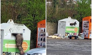Mit einem Bügel fischt der Unbekannte in der Elektroschrott-Box der GEG. Wohl nicht das erste Mal. Doch diesmal wird er dabei fotografiert. - Andrea Stockmeyer