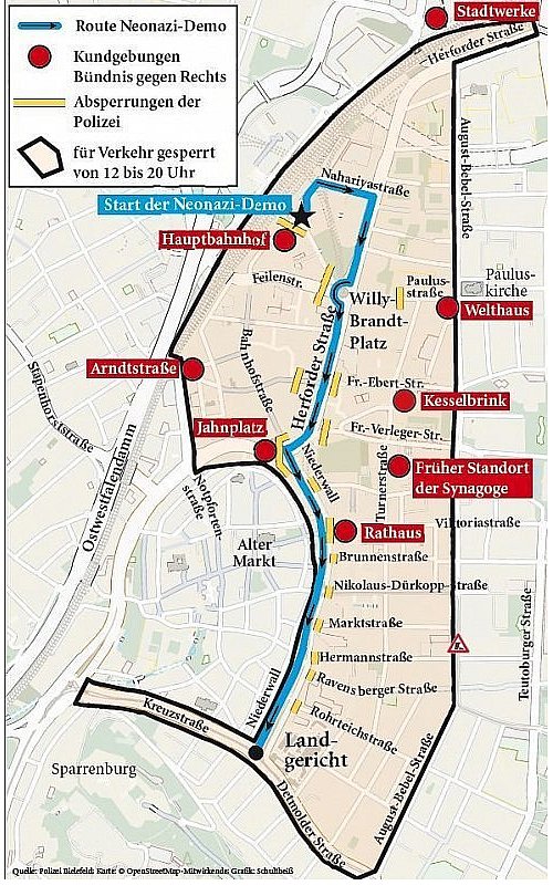 Gegendemos sind rot gekennzeichnet: Innerhalb der schwarzen Linie gilt ab 12 Uhr für Fahrzeuge Sperrzone.
Wer schon drin ist, darf noch raus. Er muss aber eventuell mit langen
Wartezeiten rechnen. - © Grafik: NW