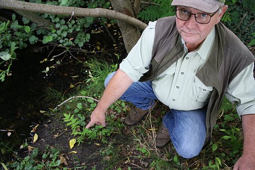 Hegeringsleiter Tassilo Marowsky zeigt am Teichufer auf Spuren von Nutrias. - © Rita Sprick