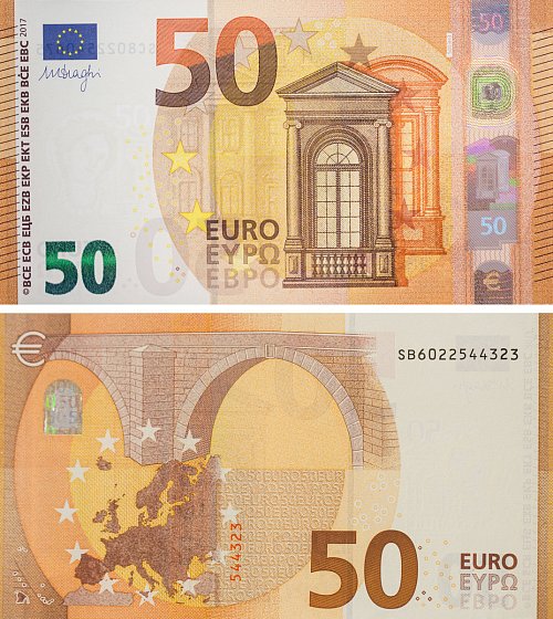 Der neue 50-Euro-Schein von vorne (oben) und hinten. - © dpa