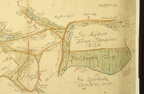 Karte von 1779: Im rechten Teil ist das Grenzgebiet zwischen Hesselteich, Kölkebeck und Harsewinkel mit einigen Teichen zu sehen. Unten rechts steht der Name Rundheide. - © Silke Derkum-Homburg