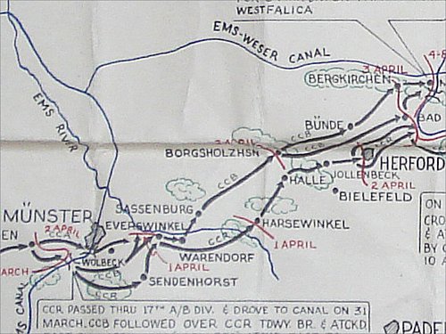 Ausschnitt der Karte "Advance of the 5th Armored Victory Division - River Rhine to the Elbe". Sie dokumentiert den geplanten Vormarsch der Alliierten. - © Museum Haller Zeiträume