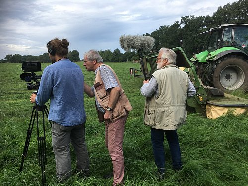 Mäharbeit im Focus: Das Team einer Berliner Produktionsgesellschaft Krüger, von links Jakob Krüger, Franz Fitzke und Carsten Krüger beobachtet für einen Imagefilm den Haller Landwirt von Morsey bei der Arbeit. - © Herbert Gontek, HK
