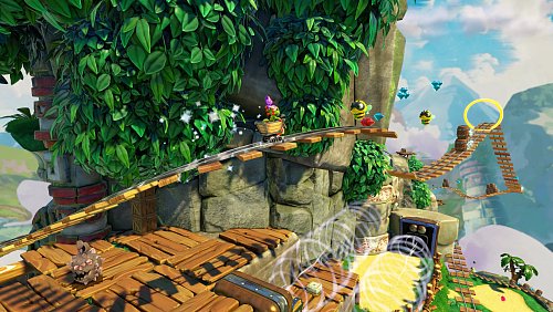 Und die nächste Fahrt geht rückwärts! In "Yooka-Replaylee" sind wir bei unseren Abenteuern zum Teil auf schwindelerregenden Plattformen unterwegs und sammeln dabei noch mehr Pagies. - © Playtonic Games