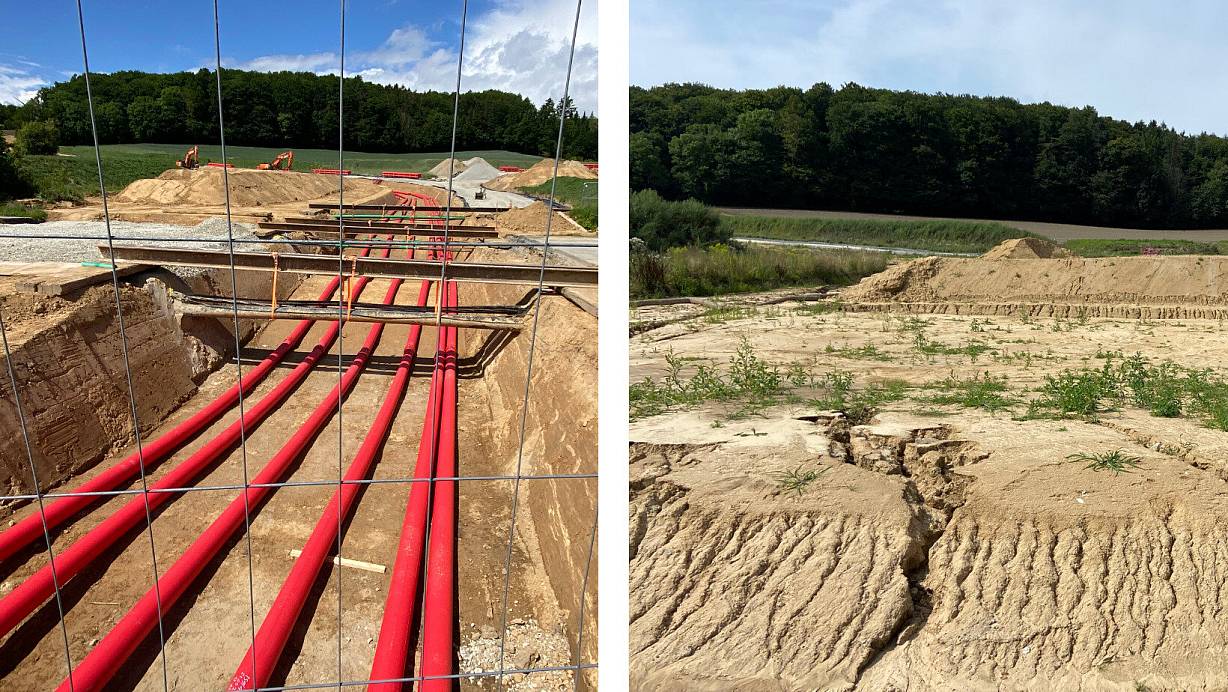 Vorher – nachher: Noch Ende Mai war die Verlegung der Schutzrohre für die Strom-Erdkabel in vollem Gange (Bild links). Seit ein paar Tagen sieht die gleiche Stelle an der Bielefelder Straße in Borgholzhausen ganz anders aus (rechts). | © Matthias Foede