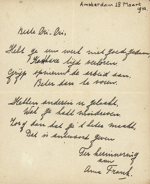 Gedicht von Anne Frank - © Foto: Bubb Kuyper Veilingen
