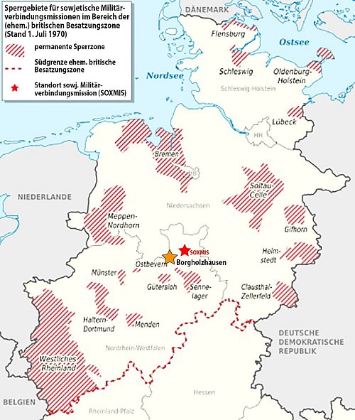 Serie Kalter Krieg in BorgholzhausenMit der Lizenz zur Spionage: Die Karte der ehemaligen britischen Besatzungszone zeigt, wo die Mitarbeiter der Militärmission tätig sein durften. Schraffierte Teile waren ihnen verwehrt. ? - © Foto: Wikipedia