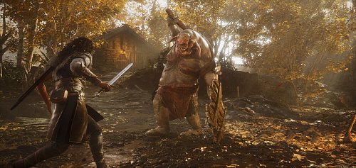 Heldin Ryn im Kampf gegen einen mächtigen Troll – die Kämpfe fühlen sich inzwischen richtig gut an. - © Myrkur Games