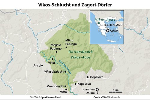 Nirgendwo in Hellas ist die Erde tiefer eingeschnitten als in Zagori. Die Vikos-Schlucht ist aber nicht das einzige steinerne Wunder. - © dpa-Infografik Gmbh/dpa-tmn