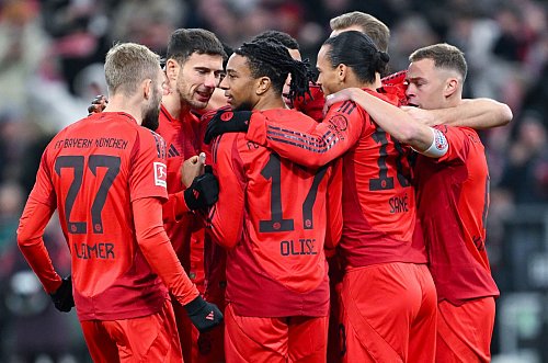 Fünfmal Münchner Torjubel gegen Leipzig, hier nach dem 1:0 von Jamal Musiala. - © Sven Hoppe/dpa