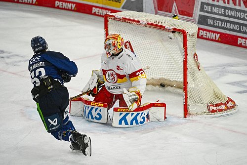 Torschütze Danjo Leonhardt (l) und die Straubing Tigers feiern einen Kantersieg zum DEL-Start. - © Armin Weigel/dpa