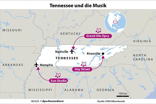 Nashville mit der berühmten Country-Bühne Grand Ole Opry trägt den Spitznamen Music City – doch auch in Memphis, wo Elvis Presley in den Studios von Sun Records seine ersten Schallplatten aufnahm, und in Knoxville mit alten Theatern auf der Gay Street lebt die Musik. - © dpa-infografik/dpa-tmn