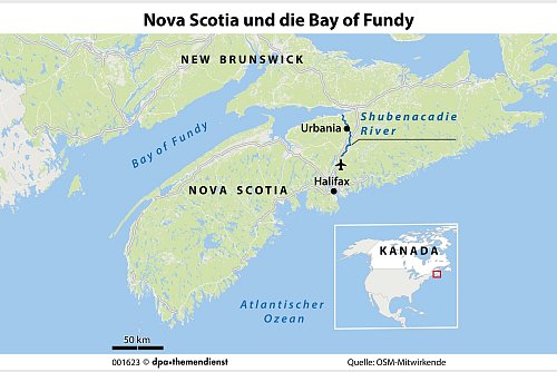 Beim Tidal Bore Rafting in Nova Scotia fliegen Passagiere und Wasser durch die Luft – Adrenalin garantiert. - © dpa-infografik GmbH/dpa-tmn
