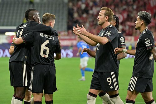 Auch Harry Kane (M) gratuliert Nicolas Jackson (l) zu seinem Premierentreffer. - © Peter Kneffel/dpa