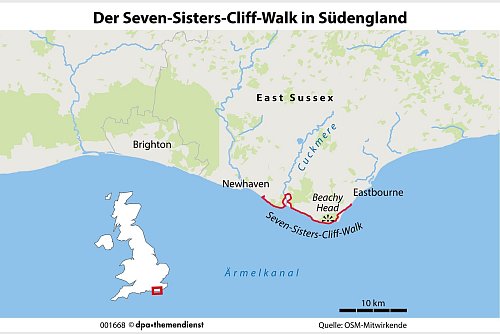 Der Seven-Sisters-Cliff-Walk führt zwischen Seaford und Eastbourne an beeindruckenden Küstenabschnitten, Leuchttürmen und Stränden entlang. - © dpa-infografik/dpa-tmn