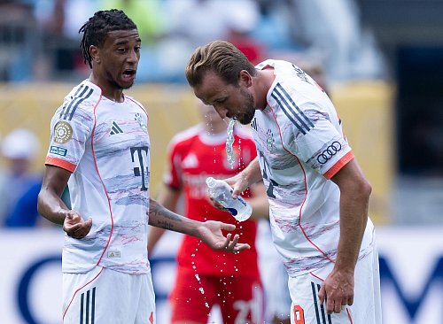 Bayern-Torjäger Harry Kane erfrischt sich bei einer Trinkpause während einer WM-Partie in den USA. - © Sven Hoppe/dpa
