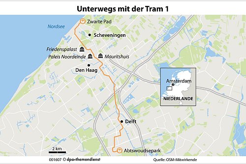 Vom Nordseestrand durch die Regierungsstadt Den Haag in die Vermeer-Stadt Delft: Wem dieser Plan gefällt, kann auf Schienen reisen und eines der ältesten öffentlichen Verkehrsmittel des Landes nehmen. - © dpa-infografik GmbH/dpa-tmn