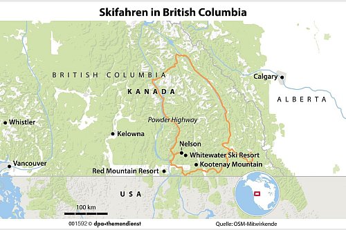 Hier werden Tiefschnee-Träume wahr: Rund um den «Powder Highway» in Kanada liegen mehrere Skigebiete der Extraklasse. - © dpa-infografik GmbH/dpa-tmn