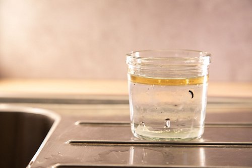 Schritt 1: Heißes Wasser in das Glas gießen und einige Minuten stehen lassen, bis das Wachs kalt geworden ist. - © Christin Klose/dpa-tmn