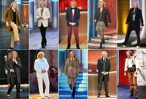 Die Bildkombo zeigt Moderator Thomas Gottschalk in verschiedenen Outfits beim Auftritt in der ZDF-Show «Wetten, dass..?» (Archivfotos). - © dpa
