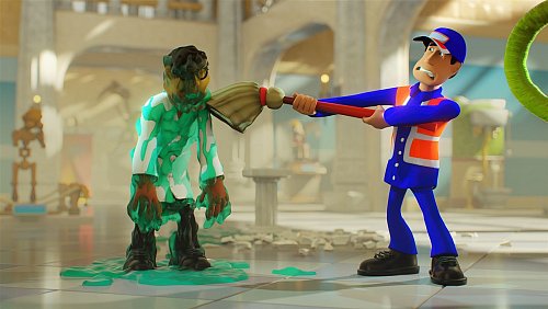 Glibber-Alarm: Im «Two Point Museum» ist mal wieder was schief gegangen. - © Two Point Studios/Sega/dpa-tmn