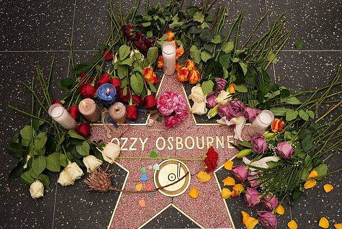 Blumen liegen um den Stern für Ozzy Osbourne auf dem Hollywood Walk of Fame. - © Damian Dovarganes/AP/dpa