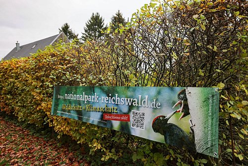 Waldschutz=Klimaschutz, argumentieren die Nationalpark-Befürworter auf einem Plakat. Die Gegner des Vorhabens sorgen sich um die örtliche Wirtschaft. - © Oliver Berg/dpa