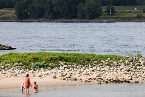 Zwei Frauen und zwei Kinder erfrischen sich im Rhein - an der Stelle, an der am Mittwochabend ein sechs Jahre alter Junge abgetrieben wurde. - © Christoph Reichwein/dpa