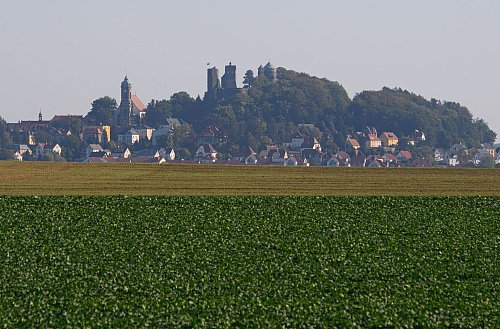 Blick über ein Feld auf die mittelalterliche Burg Stolpen und die Stadtkirche. Caspar David Friedrich verewigte den Coselturm der Veste. - © Robert Michael/dpa-Zentralbild/dpa