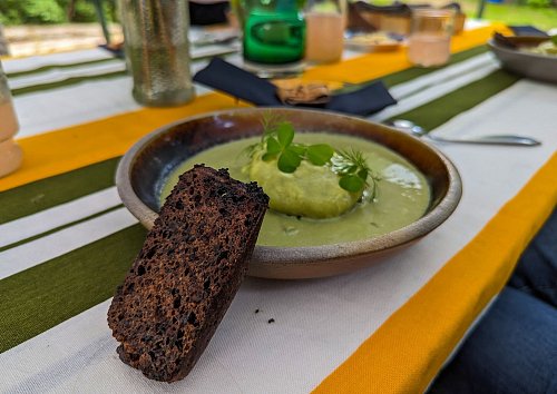 Eine von Ilkka Arvolas Kreationen: sommerliche Brennnesselsuppe mit Klee und schwarzem Brot. - © Francoise Hauser/dpa-tmn