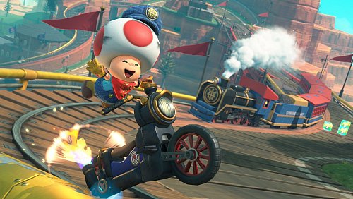 Süßer Pilz auf Dampfmotorrad: Toad im Rennen in «Mario Kart World». - © Nintendo/dpa-tmn