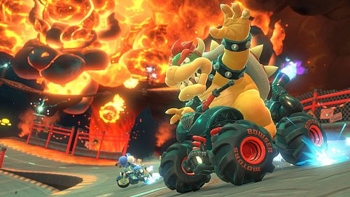 Feuerspeiend unterwegs: Bowser auf einem Quad in «Mario Kart World». - © Nintendo/dpa-tmn