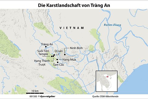 Zum Themendienst-Bericht «Bootstour durch\\\'s Welterbe: Im Delta des Roten Flusses» von Bettina Hagen vom 30. Oktober: Die Halong-Bucht zählt zu Vietnams Top-Attraktionen. Wer es ruhiger mag, findet im Landesinneren eine verblüffend ähnliche Landschaft. - © dpa-infografik GmbH/dpa-tmn