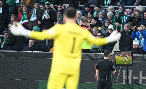 Kein Elfmeter: Schiedsrichter Harm Osmers nimmt einen Strafstoß für Werder Bremen nach dem Studium der Videobilder wieder zurück. - © Carmen Jaspersen/dpa