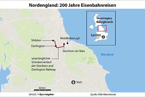 Auf den Spuren der Eisenbahngeschichte: In Shildon nahm die erste Dampflok der Welt ihren Betrieb auf und legte damit den Grundstein für die moderne Eisenbahn. - © dpa-infografik GmbH/dpa-tmn