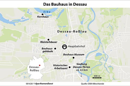 In Dessau lässt sich Architekturgeschichte auf dem Fahrrad erleben, es gibt eine Bauhausbauten-Radtour. Die Highlights im Stadtzentrum sind auch zu Fuß machbar. - © dpa-infografik/dpa-tmn