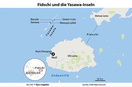 Die Yasawas sind eine 85 Kilometer lange Kette von Vulkaninseln und Atollen im Nordwesten Fidschis. - © dpa-infografik GmbH/dpa-tmn
