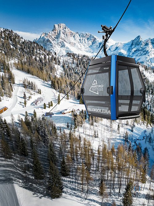Mehr Komfort und mehr Tempo: Die Gondelbahn Valcigolera im Skigebiet von San Martino di Castrozza ersetzt einen Zweier-Sessellift und braucht nur noch rund ein Drittel der Zeit. - © S. Martino Di Castrozza/dpa-tmn