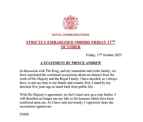 Die Erklärung zum Ende von Andrew als Herzog von York. - © Buckingham Palace/PA Media/dpa