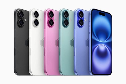 Das Standard-Modell des iPhone 16 gibt es in den Farben Schwarz, Weiß, Pink, Blaugrün und Ultramarin. Die beiden Kameras sind - wie einst beim iPhone X - wieder in einer Linie nebeneinander angeordnet. - © Apple/dpa-tmn