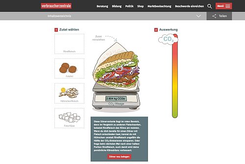Das Online-Tool «Wie klimafreundlich ist Dein Döner?» zeigt, wie sich die Auswahl der Zutaten auf die Klimabilanz auswirkt. - © verbraucherzentrale.de/doenerspiel/dpa-tmn