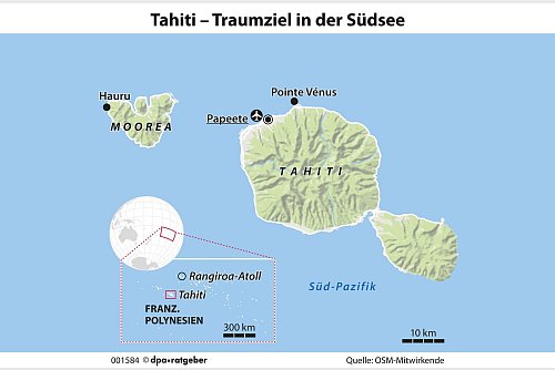Inseln mitten im Ozean: Tahiti gehört zu Französisch-Polynesien und liegt im Südpazifik. - © dpa-infografik GmbH/dpa-tmn